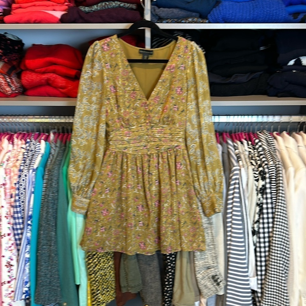 House of Harlow green with pink flowers/gold metallic threads mini dress size S
